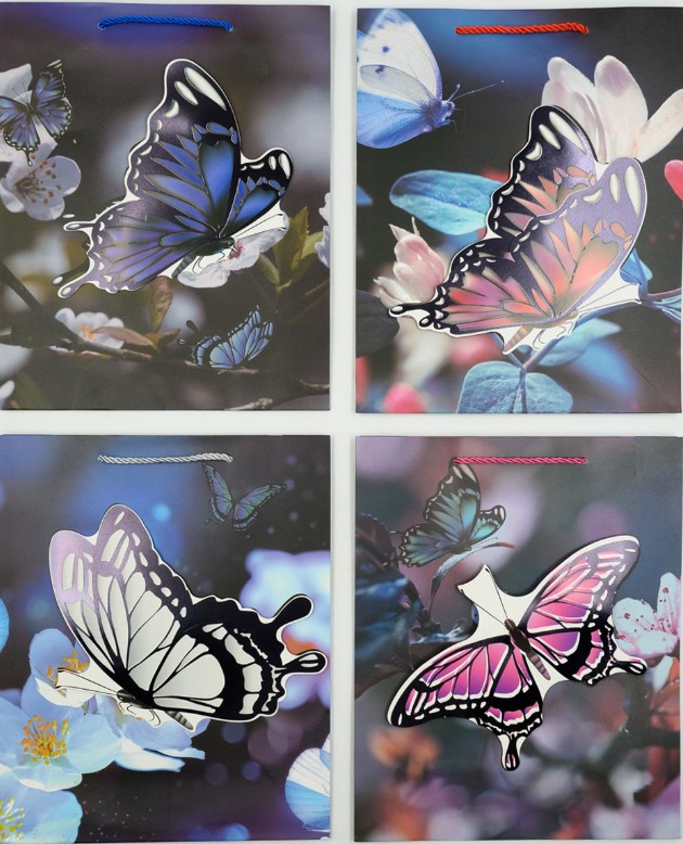 Пакет БАБОЧКА НА ЦВЕТКЕ, глиттер, 3D 26х32х10 см, 1736М