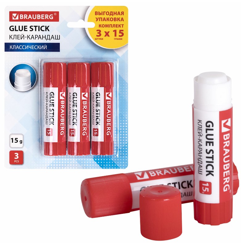Клей-карандаш 15 г, Brauberg 3 шт на блистере, 271307