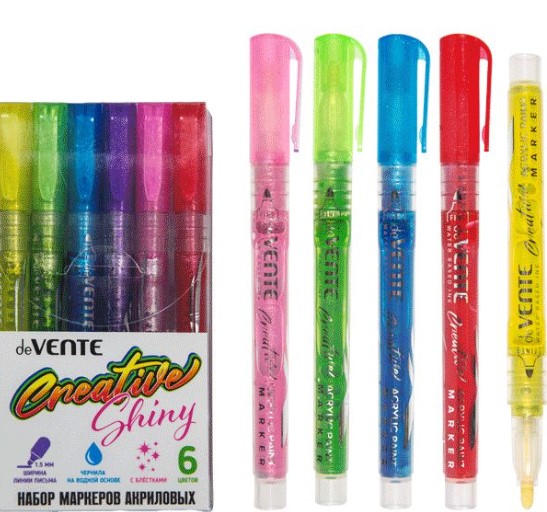 Набор маркеров акриловых deVENTE 6 цв с блестками, ширина линии 1,5 мм., 5044306
