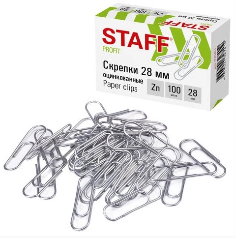 Скрепки 28 мм, STAFF, оцинкованные, (100 шт;уп), 270451