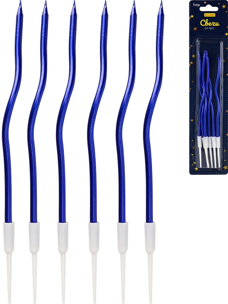 Свечи для торта на подставке 'Яркий блеск', 0,4х12 + 4 см, (6 шт), синие, С-2009