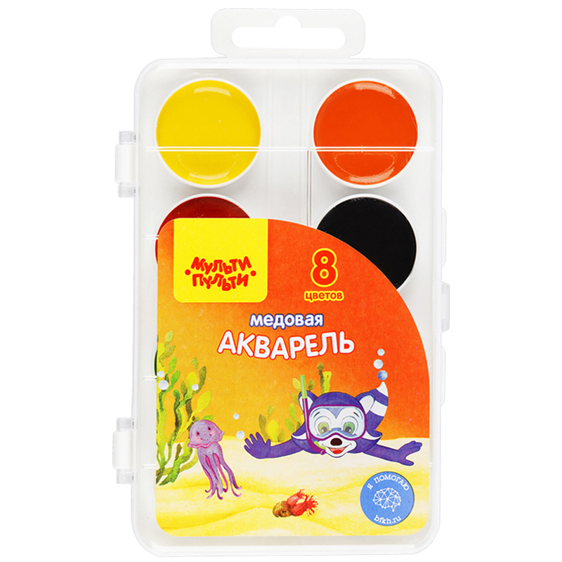 Акварельные краски 8 цв. Мульти-Пульти медовая, пласт. уп., европодвес, без кисти, АП_10703