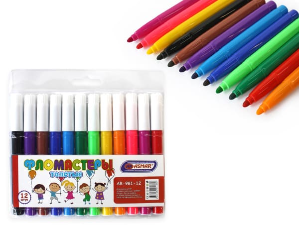 Фломастеры 12 цв ,толстые, белый колпачок, пластиковый блистер, европодвес, AR-981-12