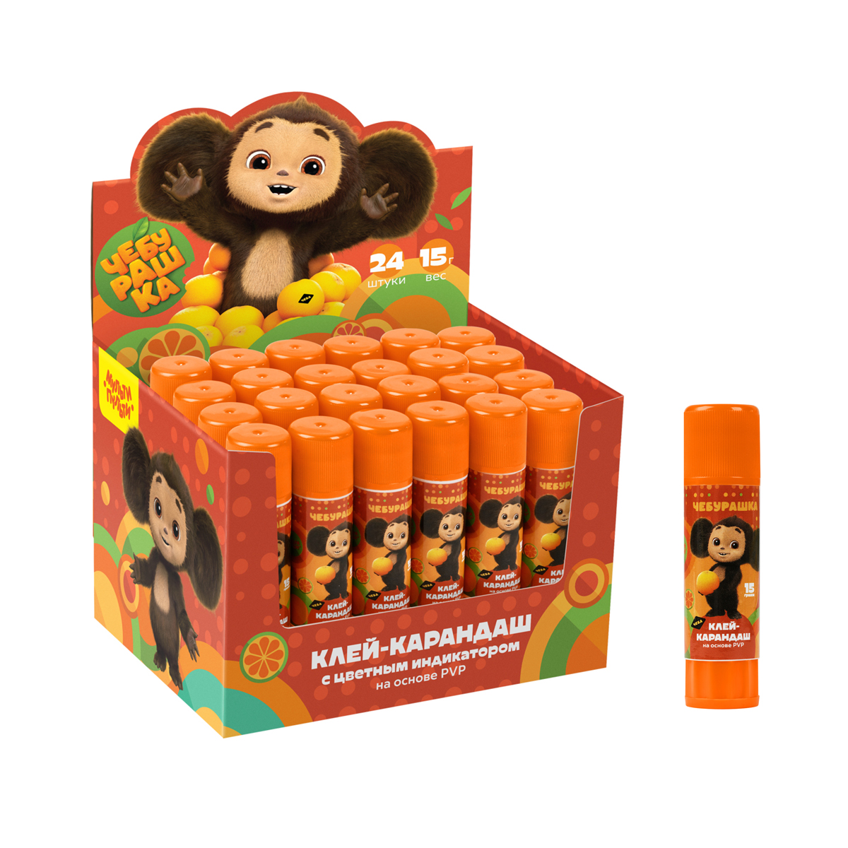 Клей-карандаш, Мульти-Пульти,'Чебурашка', 15 г, с цветным индикатором, ЧБ_53184