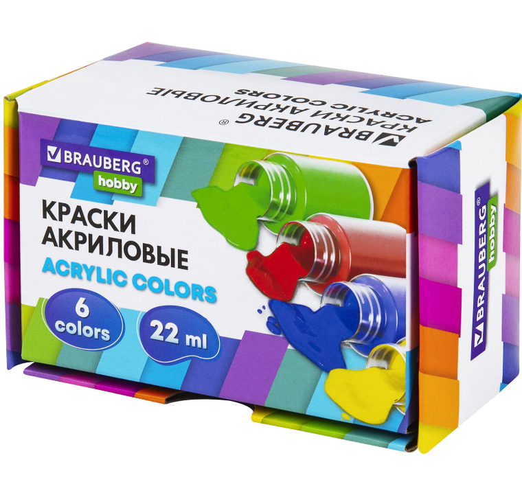 Краски акриловые художественные 6 цветов в банках по 22 мл BRAUBERG HOBBY, 192409