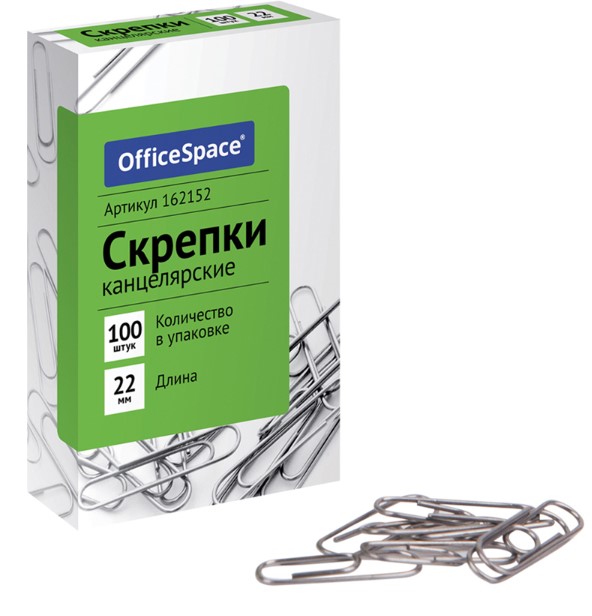 Скрепки 22 мм, OfficeSpace, 100 шт, карт. упаковка, 162152