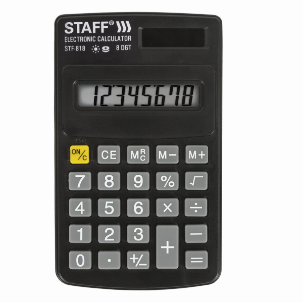 Калькулятор карманный STAFF STF-818 (102х62 мм), 8 разрядов, двойное питание, черный, 250142