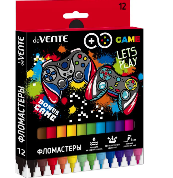 Фломастеры 'deVENTE.Game', 12 цветов,1 мм ширина линии письма, 5081126